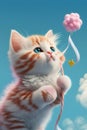 adorable nice cute pink kitten with blue stripes, a long curly tail, playing with a butterfly on white fluffy clouds