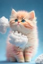 adorable nice cute pink kitten with blue stripes, a long curly tail, playing with a butterfly on white fluffy clouds