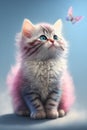 adorable nice cute pink kitten with blue stripes, a long curly tail, playing with a butterfly on white fluffy clouds