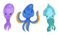Adorable Octopus, Squid and Jellyfish Characters Vector Set