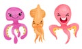 Adorable Octopus, Squid and Jellyfish Characters Vector Set