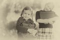 Two little girls ready back to school closeup, autumn day. Royalty Free Stock Photo