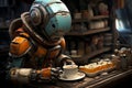 Adorable old friendly robot making breakfast in contemporary kitchen, high-quality, photorealistic