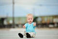 Adorable one year old boy train tracks Royalty Free Stock Photo