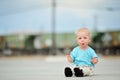 Adorable one year old boy train tracks Royalty Free Stock Photo