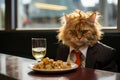 Adorable orange cat in a suit sitting in front of a plate of food, AI-generated.