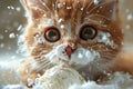Adorable Orange Kitten with Sparkling Eyes Enjoying a Sudsy Bath, Close Up Whiskers and Fur, Domestic Animal Hygiene Care