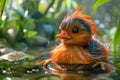 Adorable Orange Plush Duck Toy Floating in Water Amongst Lush Greenery with Sunlight Filtering Through Foliage