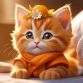 adorable orange puffy kitten realistic morning cute outfit