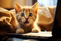 Adorable orange tabby kitten surprised by technology, using laptop with copy space