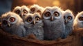 Adorable Owlets Sitting In A Basket - Soft And Dreamy Rendered Image
