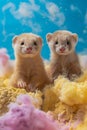 Adorable Pair of Ferrets Playing Amongst Fluffy Yellow Clouds on Dreamy Blue Background