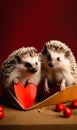 Adorable pair of hedgehogs looking into camera. One animal holding a red heart cut of wood. Purple backdrop. Generative AI