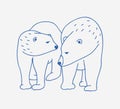 Adorable pair of polar bears hand drawn with contour lines on white background. Doodle drawing of couple of cartoon wild