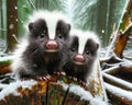 Adorable Pair Skunks Small Animals Snowfall Forest Woodland Critters Winter Canada AI Generated Royalty Free Stock Photo