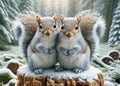 Adorable Pair Squirrels Small Animals Snowfall Forest Woodland Critters Winter Canada AI Generated