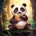 An adorable panda bear is contentedly snacking on a piece of cookie in a lush, green forest