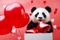Adorable panda bear with gif box and red heart shaped balloons. Valentineâs Day holiday, Women's Day design Royalty Free Stock Photo