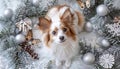 Adorable Papillon Dog Amidst Festive Holiday Decorations with Silver Ornaments and Pine Cones on Snowy Background