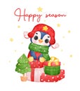 Adorable Penguin Celebrates Christmas, Sitting on Gift Boxes. Colorful Watercolor Cartoon