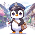 Adorable penguin mail carrier, with a beaitiful village at the background, cartoon, digital anime art, animal