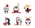 Adorable Penguin in Warm Winter Hat and Scarf Engaged in Different Activity Vector Set