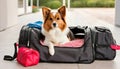 Adorable pet curled up on an open travel bag wearing apparel Royalty Free Stock Photo