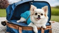 Adorable pet curled up on an open travel bag wearing apparel Royalty Free Stock Photo