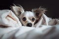 Adorable pet peeking out from a duvet.