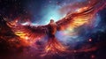 Adorable phoenix bird with majestic wings spread graces fantastical cosmic landscape