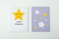 Adorable pictures of stars with words SWEET DREAMS on wall. Children`s room interior elements