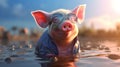 A adorable pig, with chic sunglasses on, taking a bath in a muddy puddle, embodying carefree happiness Generative AI