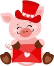 Adorable pig with red hat holding a valentine letter envelope Royalty Free Stock Photo