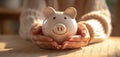 The adorable piggy bank held by gentle hands in a cozy setting AI generated image Royalty Free Stock Photo