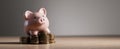 The adorable piggy bank standing atop a stack of shiny coins..AI generated image Royalty Free Stock Photo