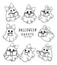 adorable pink Halloween ghosts in a retro, kawaii cartoon doodle outline style collection