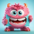 Adorable pink monster with big blue eyes, with a turquoise retractor on his mouth, with perfect white teeth
