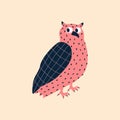 Adorable pink owl hand drawn vector illustration. Isolated colorful bird in flat style for kids. Royalty Free Stock Photo