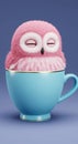 Adorable pink owl resting in blue cup with closed eyes on soft background Royalty Free Stock Photo