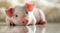 Adorable pink piglet lying down and resting on a reflective surface with soft focus background, showcasing its delicate features Royalty Free Stock Photo