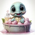 Adorable pink turtle in water, surrounded by bubbles and plants, with a playful and whimsical expression.