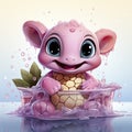 Adorable pink turtle in water, surrounded by bubbles and plants, with a playful and whimsical expression.