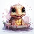 Adorable pink turtle in water, surrounded by bubbles and plants, with a playful and whimsical expression.