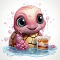 Adorable pink turtle in water, surrounded by bubbles and plants, with a playful and whimsical expression.