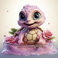 Adorable pink turtle in water, surrounded by bubbles and plants, with a playful and whimsical expression.