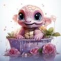 Adorable pink turtle in water, surrounded by bubbles and plants, with a playful and whimsical expression.