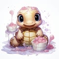 Adorable pink turtle in water, surrounded by bubbles and plants, with a playful and whimsical expression.