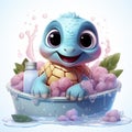 Adorable pink turtle in water, surrounded by bubbles and plants, with a playful and whimsical expression.