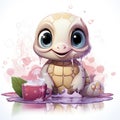 Adorable pink turtle in water, surrounded by bubbles and plants, with a playful and whimsical expression.