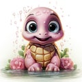 Adorable pink turtle in water, surrounded by bubbles and plants, with a playful and whimsical expression.